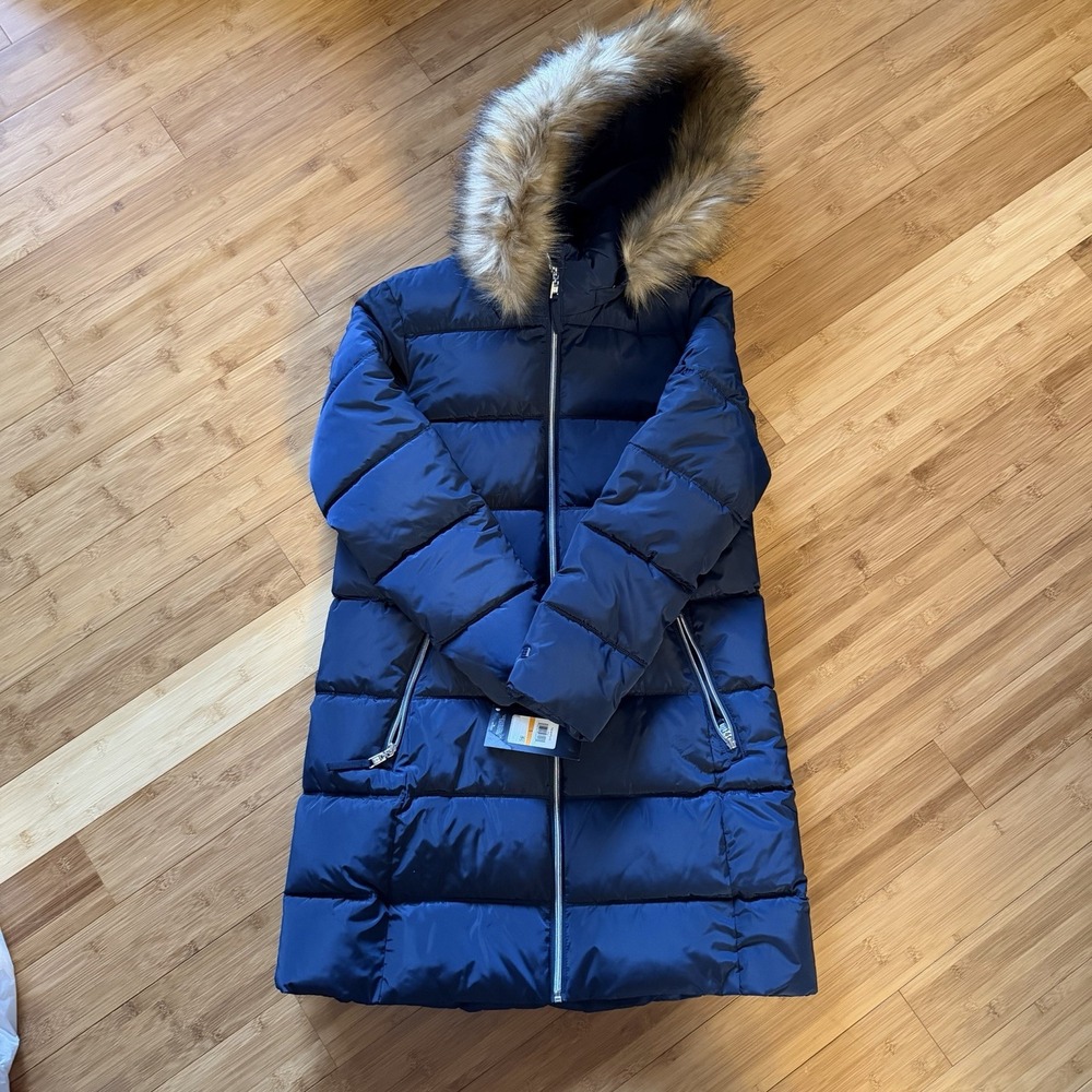 Tommy Hilfiger Womens Long‎ Puffer Coat S Blue Faux Fur Hood Quilted Jacket NWT